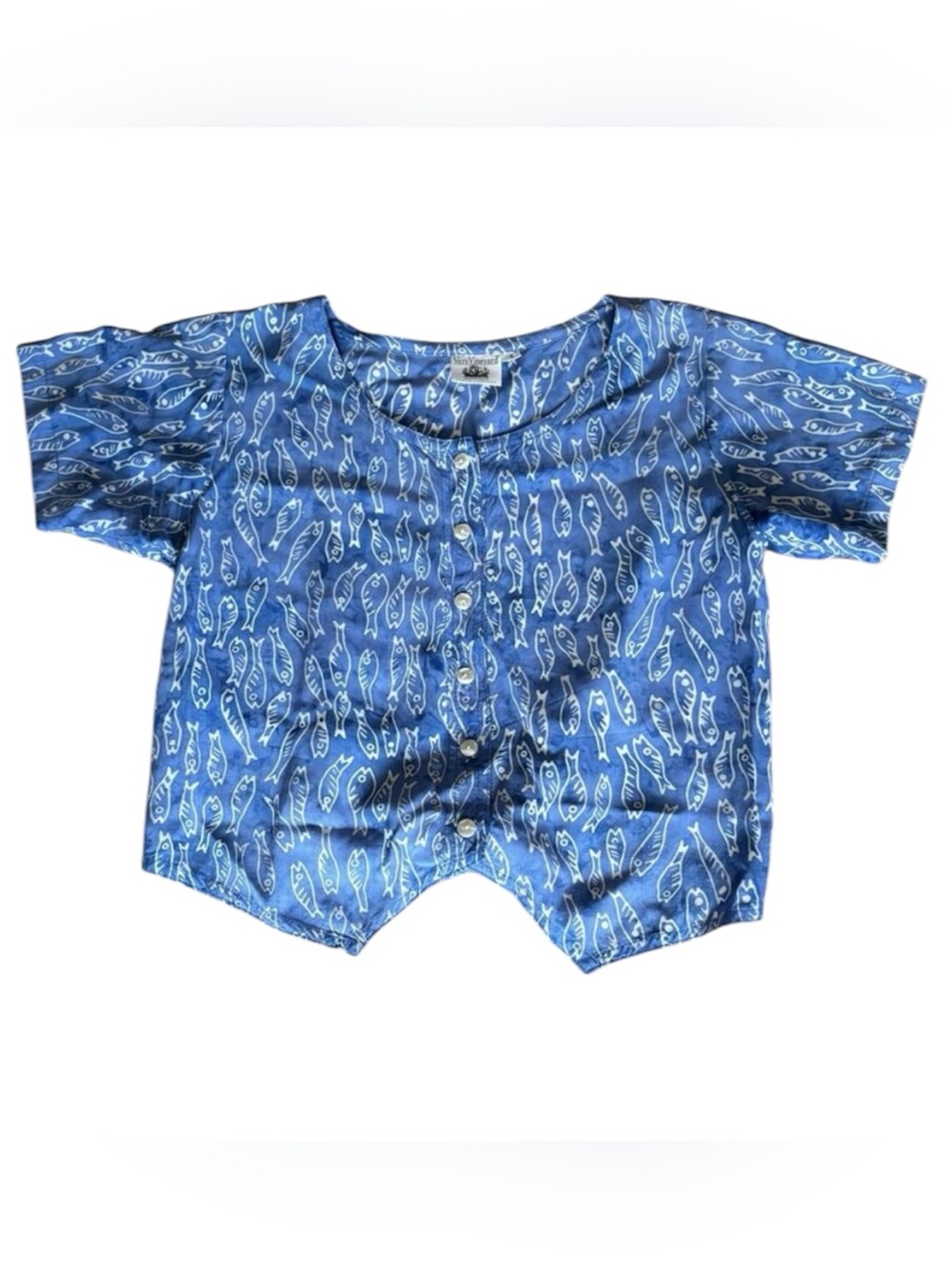 Vintage Very Vineyard Blue Fish Pattern Short Sleeve Cropped Boxy Blouse Sz S